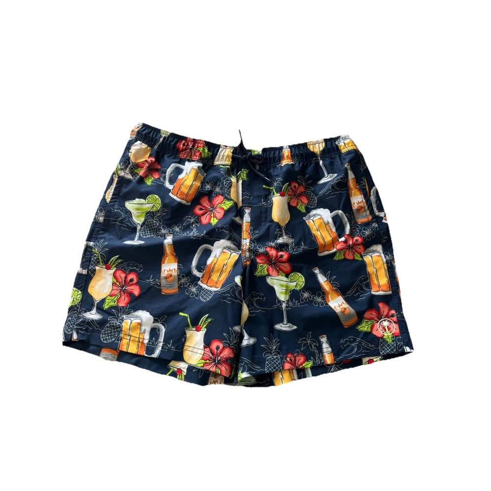 Trinity Coast Mens XL Navy Blue Tropical Drink Print Swim Trunks 6" Inseam Tiki